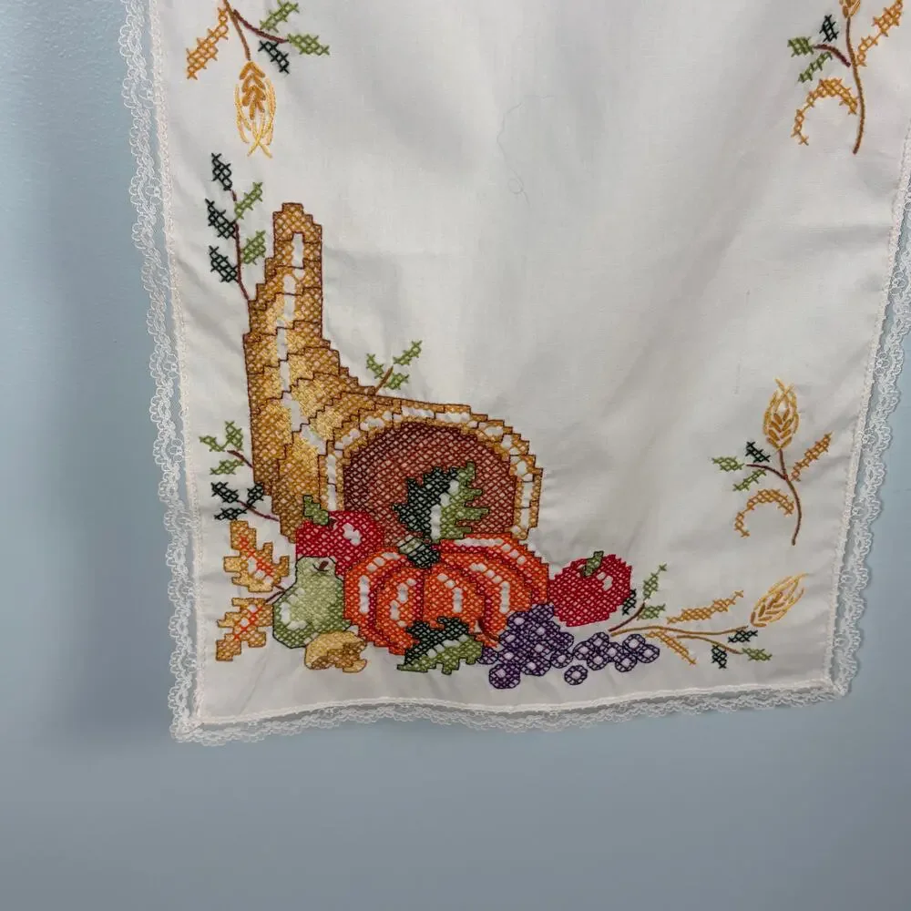 Thanksgiving crosstitch cornucopia table runner fall decor vintage handmade 70s